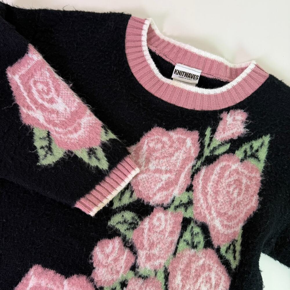 Vintage 90s Fuzzy Rose Sweater Women's M Pink Cottagecore Storybook Knitwaves